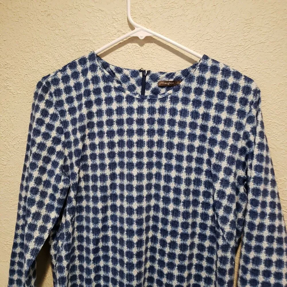 J. McLaughlin blue white zip long sleeve sheath dress size Large